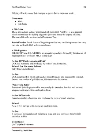First Year Biology Notes 182
Composed by: Seetal Daas
Bile is yellow in colour but changes to green due to exposure to air.
Constituent
• Water.
• Bile Salts
+ Bile Salts
These are sodium salts of compounds of cholestrol. NaHCO3 is also present
which neutralizes the acidity of gastric juice and make the chyme alkaline.
The main bile salts are for emulsification of fats.
Emulsification Break down of large fat particles into small droplets so that they
can mix well with H2O to form emulsions.
+ Bile Pigments
BILIRUBIN and BILIVERDIN are excretory products formed by breakdown of
haemaglobin of worn out RBCs in the liver.
Action Of ‘Cholecystokinin (Cck)’
CCK is a hormone and produced by cells of small intestine.
Stimuli For Hormone Release
Fatty food in duodenum.
Action
CCK is released in blood and reaches to gall bladder and causes it to contract.
Due to contraction of gall bladder, bile enters the duodenum.
‘Pancreatic Juice’
Pancreatic juice is produced in pancreas by its exocrine function and secreted
via pancreatic duct. It is a colourless fluid.
Action Of Secretin
Secretion is also a hormone and produced by cells of small intestine.
Stimuli
Acid (HCl) carried with chyme in small intestine.
Action
It increases the secretion of pancreatic juice and also increases bicarbonate
secretion in bile.
Constituents
(1) Trypsin (Protease)
 
