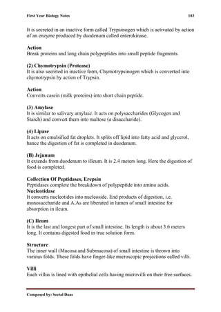 First Year Biology Notes 183
Composed by: Seetal Daas
It is secreted in an inactive form called Trypsinogen which is activated by action
of an enzyme produced by duodenum called enterokinase.
Action
Break proteins and long chain polypeptides into small peptide fragments.
(2) Chymotrypsin (Protease)
It is also secreted in inactive form, Chymotrypsinogen which is converted into
chymotrypsin by action of Trypsin.
Action
Converts casein (milk proteins) into short chain peptide.
(3) Amylase
It is similar to salivary amylase. It acts on polysaccharides (Glycogen and
Starch) and convert them into maltose (a disaccharide).
(4) Lipase
It acts on emulsified fat droplets. It splits off lipid into fatty acid and glycerol,
hance the digestion of fat is completed in duodenum.
(B) Jejunum
It extends from duodenum to illeum. It is 2.4 meters long. Here the digestion of
food is completed.
Collection Of Peptidases, Erepsin
Peptidases complete the breakdown of polypeptide into amino acids.
Nucleotidase
It converts nucleotides into nucleoside. End products of digestion, i.e,
monosaccharide and A.As are liberated in lumen of small intestine for
absorption in ileum.
(C) Ileum
It is the last and longest part of small intestine. Its length is about 3.6 meters
long. It contains digested food in true solution form.
Structure
The inner wall (Mucosa and Submucosa) of small intestine is thrown into
various folds. These folds have finger-like microscopic projections called villi.
Villi
Each villus is lined with epithelial cells having microvilli on their free surfaces.
 