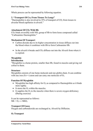 First Year Biology Notes 210
Composed by: Seetal Daas
Whole process can be represented by following equation.
2. “Transport Of Co2 From Tissues To Lungs”
“Haemoglobin is also involved in 35% of transport of CO2 from tissues to
alveolar blood capillaries in alveoli.”
Attachment Of CO2 With Hb
CO2 binds reversibly with NH2 group of Hb to form loose compound called
“Carboamino Haemoglobin.”
Mechanism Of Transport
• Carbon dioxide due to its higher concentration in tissue diffuses out into
the blood where it combines with Hb to form Carboamino Hb.
• In the alveoli it breaks and CO2 diffuses out into the Alveoli from where it
is expired.
Myoglobin
Introduction
“Myoglobin is a heme protein, smaller than Hb, found in muscles and giving red
colour to them.
Structure
Myoglobin consists of one heme molecule and one globin chain. It can combine
with one iron (Fe++) atom and can carry one molecule of O2.
Function Of Myoglobin
• Myoglobin has high affinity for O2 as compared to Haemoglobin so it binds
more tightly.
• It stores the O2 within the muscles.
• It supplies the O2 to the muscles when there is severe oxygen deficiency
(During exercise)
It can be represented as follows:
Mb + O2 ↔ MbO2
Transport Of Gases
Oxygen and carbondioxide are exchanged in, Alveoli by Diffusion.
O2 Transport
 