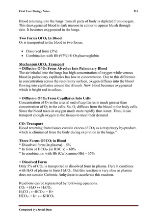 First Year Biology Notes 211
Composed by: Seetal Daas
Blood returning into the lungs from all parts of body is depleted from oxygen.
This deoxygenated blood is dark maroon in colour to appear bluish through
skin. It becomes oxygenated in the lungs.
Two Forms Of O2 In Blood
O2 is transported in the blood in two forms:
• Dissolved form (3%)
• Combination with Hb (97%) ® Oxyhaemoglobin
Mechanism Of O2 Transport
+ Diffusion Of O2 From Alveolus Into Pulmonary Blood
The air inhaled into the lungs has high concentration of oxygen while venous
blood in pulmonary capillaries has low in concentration. Due to this difference
in concentration across the respiratory surface, oxygen diffuses into the blood
flowing into capillaries around the Alveoli. Now blood becomes oxygenated
which is bright red in colour.
+ Diffusion Of O2 From Capillaries Into Cells
Concentration of O2 in the arterial end of capillaries is much greater than
concentration of O2 in the cells. So, O2 diffuses from the blood to the body cells.
Since the blood takes in oxygen much more rapidly than water. Thus, it can
transport enough oxygen to the tissues to meet their demand.
CO2 Transport
Blood returning from tissues contain excess of CO2 as a respiratory by-product,
which is eliminated from the body during expiration in the lungs.”
Three Forms Of CO2 in Blood
* Dissolved form (in plasma) – 5%
* In form of HCO3- (in RBC’s) – 60%
* In combination with Hb (Carboamino Hb) – 35%
+ Dissolved Form
Only 5% of CO2 is transported in dissolved form in plasma. Here it combines
with H2O of plasma to form H2CO3. But this reaction is very slow as plasma
does not contain Carbonic Anhydrase to accelerate this reaction.
Reactions can be represented by following equations.
CO2 + H2O ↔ H2CO3
H2CO 3 ↔HCO3- + H+
HCO3- + k+ ↔ KHCO3
 