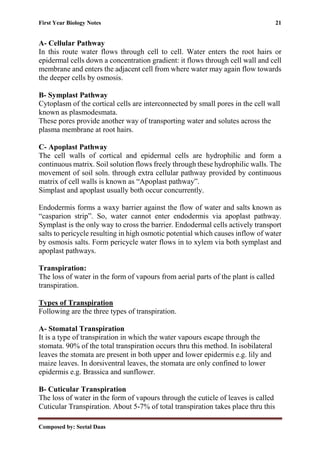 First Year Biology Notes 21
Composed by: Seetal Daas
A- Cellular Pathway
In this route water flows through cell to cell. Water enters the root hairs or
epidermal cells down a concentration gradient: it flows through cell wall and cell
membrane and enters the adjacent cell from where water may again flow towards
the deeper cells by osmosis.
B- Symplast Pathway
Cytoplasm of the cortical cells are interconnected by small pores in the cell wall
known as plasmodesmata.
These pores provide another way of transporting water and solutes across the
plasma membrane at root hairs.
C- Apoplast Pathway
The cell walls of cortical and epidermal cells are hydrophilic and form a
continuous matrix. Soil solution flows freely through these hydrophilic walls. The
movement of soil soln. through extra cellular pathway provided by continuous
matrix of cell walls is known as “Apoplast pathway”.
Simplast and apoplast usually both occur concurrently.
Endodermis forms a waxy barrier against the flow of water and salts known as
“casparion strip”. So, water cannot enter endodermis via apoplast pathway.
Symplast is the only way to cross the barrier. Endodermal cells actively transport
salts to pericycle resulting in high osmotic potential which causes inflow of water
by osmosis salts. Form pericycle water flows in to xylem via both symplast and
apoplast pathways.
Transpiration:
The loss of water in the form of vapours from aerial parts of the plant is called
transpiration.
Types of Transpiration
Following are the three types of transpiration.
A- Stomatal Transpiration
It is a type of transpiration in which the water vapours escape through the
stomata. 90% of the total transpiration occurs thru this method. In isobilateral
leaves the stomata are present in both upper and lower epidermis e.g. lily and
maize leaves. In dorsiventral leaves, the stomata are only confined to lower
epidermis e.g. Brassica and sunflower.
B- Cuticular Transpiration
The loss of water in the form of vapours through the cuticle of leaves is called
Cuticular Transpiration. About 5-7% of total transpiration takes place thru this
 