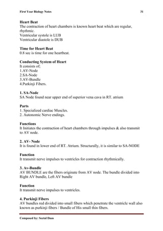 First Year Biology Notes 31
Composed by: Seetal Daas
Heart Beat
The contraction of heart chambers is known heart beat which are regular,
rhythmic.
Ventricular systole is LUB
Ventricular diastole is DUB
Time for Heart Beat
0.8 sec is time for one heartbeat.
Conducting System of Heart
It consists of;
1.AV-Node
2.SA-Node
3.AV-Bundle
4.Purkinji Fibers.
1. SA-Node
SA Node found near upper end of superior vena cava in RT. atrium
Parts
1. Specialized cardiac Muscles.
2. Autonomic Nerve endings.
Functions
It Initiates the contraction of heart chambers through impulses & also transmit
to AV node.
2. AV- Node
It is found in lower end of RT. Atrium. Structurally, it is similar to SA-NODE
Function
It transmit nerve impulses to ventricles for contraction rhythmically.
3. Av-Bundle
AV BUNDLE are the fibers originate from AV node. The bundle divided into
Right AV bundle, Left AV bundle
Function
It transmit nerve impulses to ventricles.
4. Purkinji Fibers
AV bundles red divided into small fibers which penetrate the ventricle wall also
known as purkinji fibers / Bundle of His small thin fibers.
 