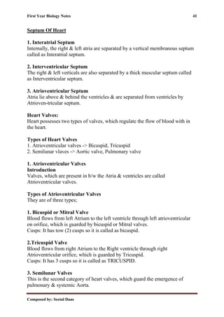 First Year Biology Notes 41
Composed by: Seetal Daas
Septum Of Heart
1. Interatrial Septum
Internally, the right & left atria are separated by a vertical membranous septum
called as Interatrial septum.
2. Interventricular Septum
The right & left verticals are also separated by a thick muscular septum called
as Interventricular septum.
3. Atrioventricular Septum
Atria lie above & behind the ventricles & are separated from ventricles by
Atrioven-tricular septum.
Heart Valves:
Heart possesses two types of valves, which regulate the flow of blood with in
the heart.
Types of Heart Valves
1. Atrioventricular valves -> Bicuspid, Tricuspid
2. Semilunar vlaves -> Aortic valve, Pulmonary valve
1. Atrioventricular Valves
Introduction
Valves, which are present in b/w the Atria & ventricles are called
Atrioventricular valves.
Types of Atrioventricular Valves
They are of three types;
1. Bicuspid or Mitral Valve
Blood flows from left Atrium to the left ventricle through left atrioventricular
on orifice, which is guarded by bicuspid or Mitral valves.
Cusps: It has tow (2) cusps so it is called as bicuspid.
2.Tricuspid Valve
Blood flows from right Atrium to the Right ventricle through right
Atrioventricular orifice, which is guarded by Tricuspid.
Cusps: It has 3 cusps so it is called as TRICUSPID.
3. Semilunar Valves
This is the second category of heart valves, which guard the emergence of
pulmonary & systemic Aorta.
 