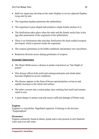 First Year Biology Notes 80
Composed by: Seetal Daas
• Both sex organ may develop on the same Hyphae or on two adjacent Hyphae
lying side by side.
• The oogonium hyphae penetrates the antheridium.
• The oogonium is pear shaped and contains a single female nucleus in it.
• The fertilization takes place when the male and the female nuclei fuse in the
egg after penetration of the oogonium in the antheridium.
• There is no fertilization tube and after fertilization the thick-walled zoospore
developed, which is present inside the oogonium.
• The oospore germinates in favorable conditions and produce new mycellium.
• Reduction division occurs during germinates of oospore.
Economic Importance
• The Water Mold causes a disease in potato crop known as “late blight of
potato”
• This disease effects both aerial and underground parts and whole plant
becomes blighted in severe conditions.
• The disease appears in the form of brown spread patches on leaves and
rapidly increases to the whole leaf surface.
• The tuber converts into a rotten pulpy mass emitting foul smell and remains
small in size.
• A great danger to potato crop and causes sufficient damage of Potato crop.
Euglena
Euglena is a unicellular, flagellated organism. It belongs to the division
“Euglenophyta”
Occurance
Euglena commonly found in drains, ponds and is also present in soil, blackish
water and even salt water.
 
