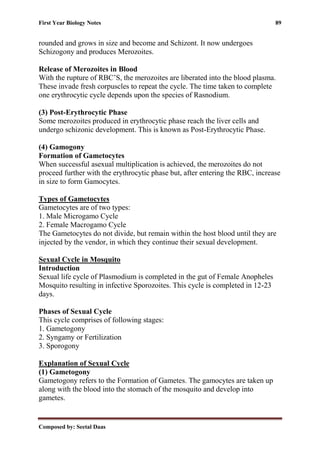 First Year Biology Notes 89
Composed by: Seetal Daas
rounded and grows in size and become and Schizont. It now undergoes
Schizogony and produces Merozoites.
Release of Merozoites in Blood
With the rupture of RBC’S, the merozoites are liberated into the blood plasma.
These invade fresh corpuscles to repeat the cycle. The time taken to complete
one erythrocytic cycle depends upon the species of Rasnodium.
(3) Post-Erythrocytic Phase
Some merozoites produced in erythrocytic phase reach the liver cells and
undergo schizonic development. This is known as Post-Erythrocytic Phase.
(4) Gamogony
Formation of Gametocytes
When successful asexual multiplication is achieved, the merozoites do not
proceed further with the erythrocytic phase but, after entering the RBC, increase
in size to form Gamocytes.
Types of Gametocytes
Gametocytes are of two types:
1. Male Microgamo Cycle
2. Female Macrogamo Cycle
The Gametocytes do not divide, but remain within the host blood until they are
injected by the vendor, in which they continue their sexual development.
Sexual Cycle in Mosquito
Introduction
Sexual life cycle of Plasmodium is completed in the gut of Female Anopheles
Mosquito resulting in infective Sporozoites. This cycle is completed in 12-23
days.
Phases of Sexual Cycle
This cycle comprises of following stages:
1. Gametogony
2. Syngamy or Fertilization
3. Sporogony
Explanation of Sexual Cycle
(1) Gametogony
Gametogony refers to the Formation of Gametes. The gamocytes are taken up
along with the blood into the stomach of the mosquito and develop into
gametes.
 