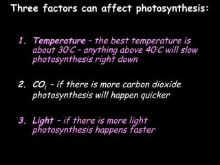 04/25/16Three factors can affect photosynthesis:Three factors can affect photosynthesis:
1. Temperature – the best temperature is
about 300
C – anything above 400
C will slow
photosynthesis right down
2. CO2 – if there is more carbon dioxide
photosynthesis will happen quicker
3. Light – if there is more light
photosynthesis happens faster
 