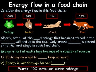 04/25/16
Energy flow in a food chainEnergy flow in a food chain
Consider the energy flow in this food chain:
Cabbage Rabbit Stoat Fox
100% 10% 1% 0.1%
Clearly, not all of the ___’s energy that becomes stored in the
_______ will end up in the fox. Only around ______ is passed
on to the next stage in each food chain.
Energy is lost at each stage because of a number of reasons:
1) Each organism has to ____, keep warm etc
2) Energy is lost through faeces (______)
Words – 10%, move, sun, waste, cabbage
 