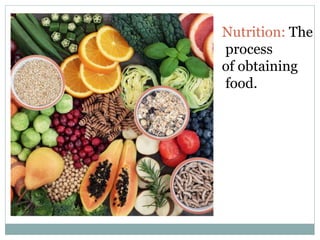 Nutrition: The
process
of obtaining
food.
 
