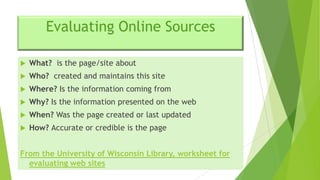 Evaluating Online Sources


What? is the page/site about



Who? created and maintains this site



Where? Is the information coming from



Why? Is the information presented on the web



When? Was the page created or last updated



How? Accurate or credible is the page

From the University of Wisconsin Library, worksheet for
evaluating web sites

 