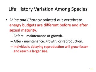 11
Life History Variation Among Species
• Shine and Charnov pointed out vertebrate
energy budgets are different before and after
sexual maturity.
– Before - maintenance or growth.
– After - maintenance, growth, or reproduction.
– Individuals delaying reproduction will grow faster
and reach a larger size.
11
 