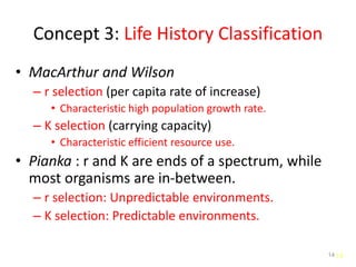 14
Concept 3: Life History Classification
• MacArthur and Wilson
– r selection (per capita rate of increase)
• Characteristic high population growth rate.
– K selection (carrying capacity)
• Characteristic efficient resource use.
• Pianka : r and K are ends of a spectrum, while
most organisms are in-between.
– r selection: Unpredictable environments.
– K selection: Predictable environments.
14
 