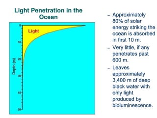 Light Penetration in the
Ocean – Approximately
80% of solar
energy striking the
ocean is absorbed
in first 10 m.
– Very little, if any
penetrates past
600 m.
– Leaves
approximately
3,400 m of deep
black water with
only light
produced by
bioluminescence.
 