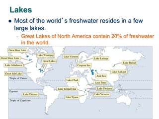 Lakes
 Most of the world’s freshwater resides in a few
large lakes.
– Great Lakes of North America contain 20% of freshwater
in the world.
 