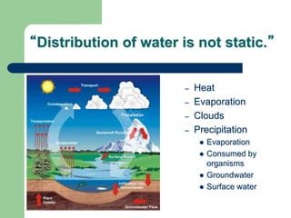 “Distribution of water is not static.”
– Heat
– Evaporation
– Clouds
– Precipitation
 Evaporation
 Consumed by
organisms
 Groundwater
 Surface water
 