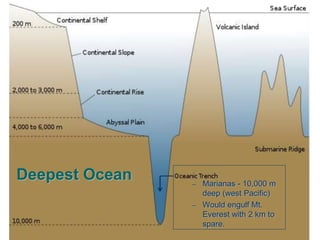 Deepest Ocean – Marianas - 10,000 m
deep (west Pacific)
– Would engulf Mt.
Everest with 2 km to
spare.
 