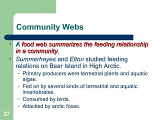 Community Webs
• AA food webfood web summarizes the feeding relationshipsummarizes the feeding relationship
in a communityin a community..
• Summerhayes and Elton studied feeding
relations on Bear Island in High Arctic.
– Primary producers were terrestrial plants and aquatic
algae.
– Fed on by several kinds of terrestrial and aquatic
invertebrates.
– Consumed by birds.
– Attacked by arctic foxes.
37
 