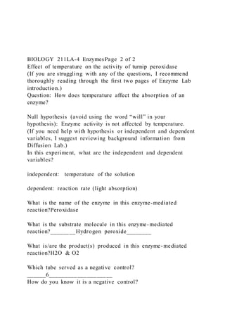 BIOLOGY 211LA-4 EnzymesPage 2 of 2
Effect of temperature on the activity of turnip peroxidase
(If you are struggling with any of the questions, I recommend
thoroughly reading through the first two pages of Enzyme Lab
introduction.)
Question: How does temperature affect the absorption of an
enzyme?
Null hypothesis (avoid using the word “will” in your
hypothesis): Enzyme activity is not affected by temperature.
(If you need help with hypothesis or independent and dependent
variables, I suggest reviewing background information from
Diffusion Lab.)
In this experiment, what are the independent and dependent
variables?
independent: temperature of the solution
dependent: reaction rate (light absorption)
What is the name of the enzyme in this enzyme-mediated
reaction?Peroxidase
What is the substrate molecule in this enzyme-mediated
reaction?________Hydrogen peroxide________
What is/are the product(s) produced in this enzyme-mediated
reaction?H2O & O2
Which tube served as a negative control?
______6____________________
How do you know it is a negative control?
 