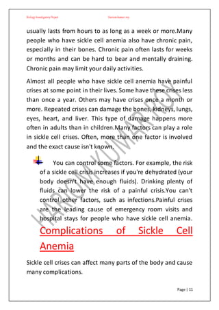 BiologyInvestigatoryProject Hariom kumar roy
Page | 11
usually lasts from hours to as long as a week or more.Many
people who have sickle cell anemia also have chronic pain,
especially in their bones. Chronic pain often lasts for weeks
or months and can be hard to bear and mentally draining.
Chronic pain may limit your daily activities.
Almost all people who have sickle cell anemia have painful
crises at some point in their lives. Some have these crises less
than once a year. Others may have crises once a month or
more. Repeated crises can damage the bones, kidneys, lungs,
eyes, heart, and liver. This type of damage happens more
often in adults than in children.Many factors can play a role
in sickle cell crises. Often, more than one factor is involved
and the exact cause isn't known.
You can control some factors. For example, the risk
of a sickle cell crisis increases if you're dehydrated (your
body doesn't have enough fluids). Drinking plenty of
fluids can lower the risk of a painful crisis.You can't
control other factors, such as infections.Painful crises
are the leading cause of emergency room visits and
hospital stays for people who have sickle cell anemia.
Complications of Sickle Cell
Anemia
Sickle cell crises can affect many parts of the body and cause
many complications.
 