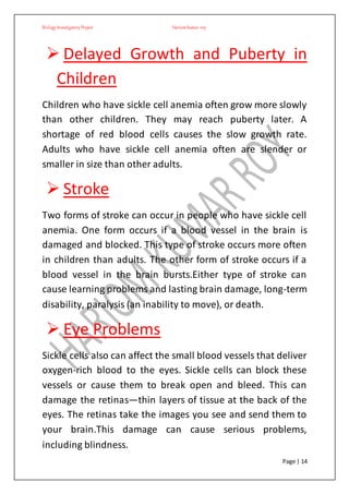 BiologyInvestigatoryProject Hariom kumar roy
Page | 14
 Delayed Growth and Puberty in
Children
Children who have sickle cell anemia often grow more slowly
than other children. They may reach puberty later. A
shortage of red blood cells causes the slow growth rate.
Adults who have sickle cell anemia often are slender or
smaller in size than other adults.
 Stroke
Two forms of stroke can occur in people who have sickle cell
anemia. One form occurs if a blood vessel in the brain is
damaged and blocked. This type of stroke occurs more often
in children than adults. The other form of stroke occurs if a
blood vessel in the brain bursts.Either type of stroke can
cause learning problems and lasting brain damage, long-term
disability, paralysis (an inability to move), or death.
 Eye Problems
Sickle cells also can affect the small blood vessels that deliver
oxygen-rich blood to the eyes. Sickle cells can block these
vessels or cause them to break open and bleed. This can
damage the retinas—thin layers of tissue at the back of the
eyes. The retinas take the images you see and send them to
your brain.This damage can cause serious problems,
including blindness.
 