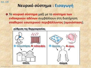 Νευρικό σύστημα : Εισαγωγή
Το νευρικό σύστημα μαζί με το σύστημα των
ενδοκρινών αδένων συμβάλλουν στη διατήρηση
σταθερού εσωτερικού περιβάλλοντος (ομοιόσταση).
Βιολογία Α' Λυκ.- Θ.Ταντανάσης 3
Σελ. 139
 