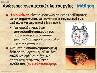 Ανώτερες πνευματικές λειτουργίες : Μάθηση
Η εξοικείωση είναι η αναγνώριση ενός ερεθίσματος
ως μη σημαντικού, με συνέπεια ο οργανισμός να
μαθαίνει να μην αντιδρά σε αυτό.
 Για παράδειγμα, ένας
επαναλαμβανόμενος ήχος
παύει ύστερα από κάποιο
χρονικό διάστημα να προκαλεί
την αντίδρασή μας.
Αντίθετα η επαναλαμβανόμενη
έκθεση του οργανισμού σε ένα
επώδυνο ερέθισμα έχει ως
αποτέλεσμα την ταχύτερη
αντίδραση (ευαισθητοποίηση).
Βιολογία Α' Λυκ.- Θ.Ταντανάσης 85
Σελ. 164
 