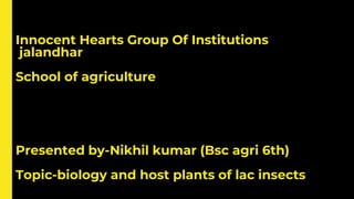 Innocent Hearts Group Of Institutions
jalandhar
School of agriculture
Presented by-Nikhil kumar (Bsc agri 6th)
Topic-biology and host plants of lac insects
 