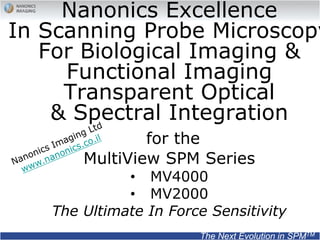Nanonics Excellence
In Scanning Probe Microscopy
For Biological Imaging &
Functional Imaging
Transparent Optical
& Spectral Integration
for the
MultiView SPM Series
• MV4000
• MV2000
The Ultimate In Force Sensitivity
The Next Evolution in SPMTM
 