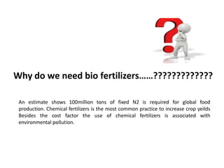 Why do we need bio fertilizers……?????????????
An estimate shows 100million tons of fixed N2 is required for global food
production. Chemical fertilizers is the most common practice to increase crop yeilds
Besides the cost factor the use of chemical fertilizers is associated with
environmental pollution.
 