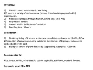 Physiology:
1) Nature: chemo heterotrophic, free living
2)C source: a variety of carbon source ( mono, di and certain polysaccharide)
organic acids.
3) N sources: Nitrogen through fixation, amino acid, NH4, NO3
4) Respiration: aerobic
5) Growth media: Ashby Jensen’s medium
6) Doubling time: 3 hours
Contribution :
1) 20-40 mg BNF/g of C source in laboratory condition equivalent to 20-40 kg N/ha.
2)Production of growth promoting substance like vitamins of B groups, indoleacetic
acid and gibberellin acid.
3) Biological control of plant disease by suppressing Aspergillus, Fusarium.
Recommended for:
Rice, wheat, millets, other cereals, cotton, vegetable, sunflower, mustard, flowers.
Increase in yield: 20 to 30%
 