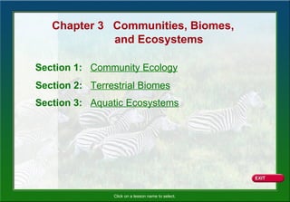 Chapter 3 Communities, Biomes,
             and Ecosystems

Section 1: Community Ecology
Section 2: Terrestrial Biomes
Section 3: Aquatic Ecosystems




                Click on a lesson name to select.
 