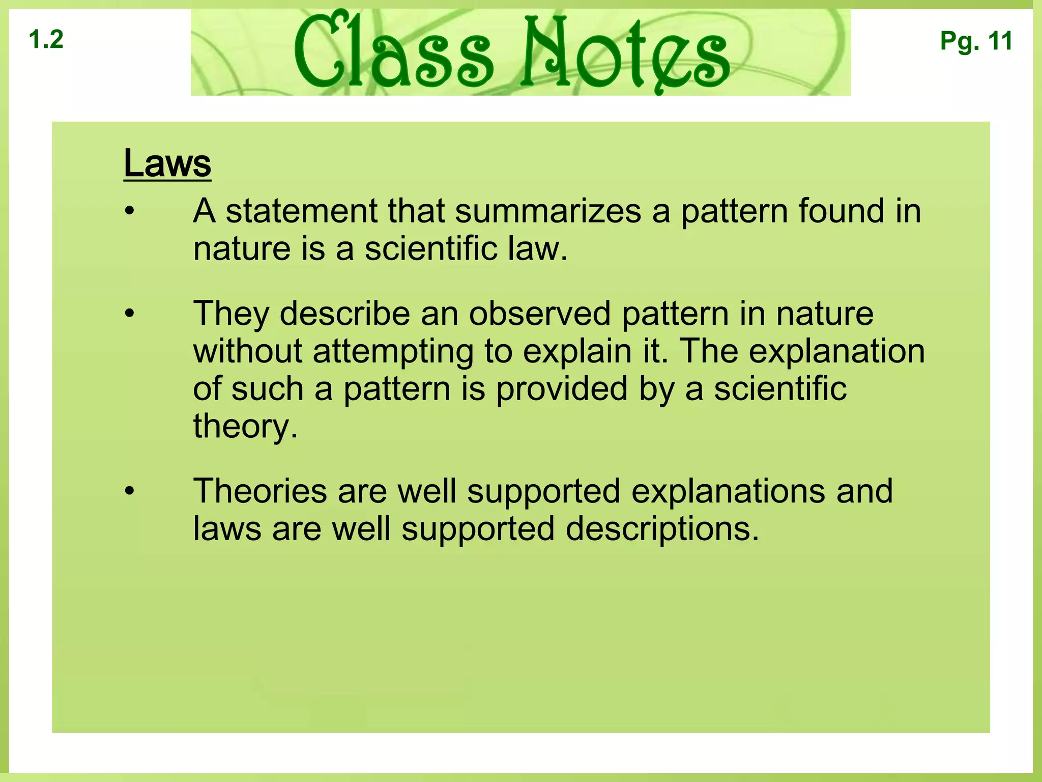 Class Notes1.2Pg. 11Scientific MethodDefined: An organized plan for gathering, organizing, and communicating information.
