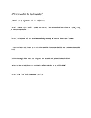  
13. Which organelle is the site of respiration? 
 
 
14. What type of organisms can use respiration? 
 
 
15. Which two compounds are created at the end of photosynthesis and are used at the beginning 
of aerobic respiration? 
 
 
 
16. Which anaerobic process is responsible for producing ATP in the absence of oxygen? 
 
 
 
17. Which compounds builds up in your muscles after strenuous exercise and causes them to feel 
sore? 
 
 
 
18. Which compound is produced by plants and yeast during anaerobic respiration? 
 
 
19. Why is aerobic respiration considered the ideal method of producing ATP? 
 
 
 
20. Why is ATP necessary for all living things? 
 
 
 
 
 
 
 
  
 
 