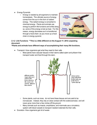 ● Energy Pyramids 
○ Energy is needed by all organisms to maintain 
homeostasis.  The ultimate source of energy 
comes from the sun in the form of radiant 
energy.  This radiant energy is converted to 
chemical energy.  Plants and animals use 
energy to perform life functions and while doing 
so, some of this energy is lost as heat.  For this 
reason, energy decreases as it is transferred 
through a food chain­ as you move up a food 
chain or energy pyramid.   
 
2.1.2  Life Functions  **This is a little different on the August 17, 2012 unpacking 
document 
*Plants and animals have different ways of accomplishing their many life functions.   
 
● Transport­ How organisms get what they need to their cells  
○ Most plants have vascular tissues in their stems called xylem and phloem that 
transport water and food through the stem.  
 
 
 
 
 
 
 
 
 
 
 
 
 
 
 
 
 
○ Some plants, such as moss,  do not have these tissues and are said to be 
nonvascular.  Instead, they rely on close contact with the water(osmosis)  and will 
never grow more than a few inches off the ground. 
○ Many animals such as insects, amphibians, and mammals use a circulatory  
system with blood vessels to transport needed materials the their cells.  
● Excretion­ How organisms get rid of waste 
 