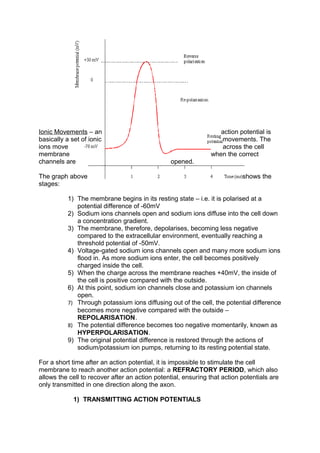 Ionic Movements – an                                              action potential is
basically a set of ionic                                          movements. The
ions move                                                         across the cell
membrane                                                       when the correct
channels are                                    opened.

The graph above                                                            shows the
stages:

           1) The membrane begins in its resting state – i.e. it is polarised at a
              potential difference of -60mV
           2) Sodium ions channels open and sodium ions diffuse into the cell down
              a concentration gradient.
           3) The membrane, therefore, depolarises, becoming less negative
              compared to the extracellular environment, eventually reaching a
              threshold potential of -50mV.
           4) Voltage-gated sodium ions channels open and many more sodium ions
              flood in. As more sodium ions enter, the cell becomes positively
              charged inside the cell.
           5) When the charge across the membrane reaches +40mV, the inside of
              the cell is positive compared with the outside.
           6) At this point, sodium ion channels close and potassium ion channels
              open.
           7) Through potassium ions diffusing out of the cell, the potential difference
              becomes more negative compared with the outside –
              REPOLARISATION.
           8) The potential difference becomes too negative momentarily, known as
              HYPERPOLARISATION.
           9) The original potential difference is restored through the actions of
              sodium/potassium ion pumps, returning to its resting potential state.

For a short time after an action potential, it is impossible to stimulate the cell
membrane to reach another action potential: a REFRACTORY PERIOD, which also
allows the cell to recover after an action potential, ensuring that action potentials are
only transmitted in one direction along the axon.

             1) TRANSMITTING ACTION POTENTIALS
 