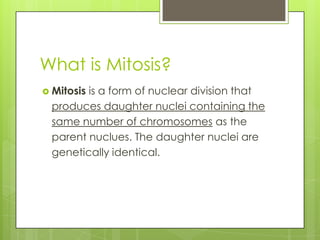What is Mitosis?
 Mitosis is a form of nuclear division that
produces daughter nuclei containing the
same number of chromosomes as the
parent nuclues. The daughter nuclei are
genetically identical.
 