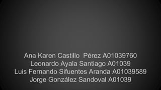Ana Karen Castillo Pérez A01039760
Leonardo Ayala Santiago A01039
Luis Fernando Sifuentes Aranda A01039589
Jorge González Sandoval A01039

 