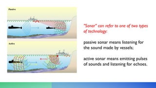 "Sonar" can refer to one of two types
of technology:
passive sonar means listening for
the sound made by vessels;
active sonar means emitting pulses
of sounds and listening for echoes.
 
