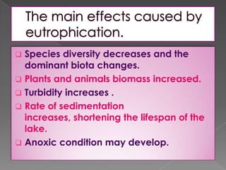  Species diversity decreases and the
dominant biota changes.
 Plants and animals biomass increased.
 Turbidity increases .
 Rate of sedimentation
increases, shortening the lifespan of the
lake.
 Anoxic condition may develop.
 