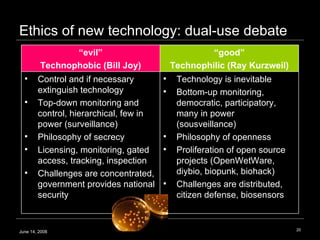Ethics of new technology: dual-use debate  June 14, 2008 “ evil” Technophobic (Bill Joy) “ good” Technophilic (Ray Kurzweil) Control and if necessary extinguish technology Top-down monitoring and control, hierarchical, few in power (surveillance) Philosophy of secrecy Licensing, monitoring, gated access, tracking, inspection Challenges are concentrated, government provides national security Technology is inevitable Bottom-up monitoring, democratic, participatory, many in power (sousveillance) Philosophy of openness Proliferation of open source projects (OpenWetWare, diybio, biopunk, biohack)  Challenges are distributed, citizen defense, biosensors 