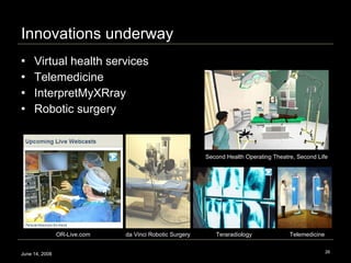 Innovations underway Virtual health services Telemedicine InterpretMyXRray Robotic surgery June 14, 2008 Second Health Operating Theatre, Second Life Teraradiology Telemedicine da Vinci Robotic Surgery OR-Live.com 