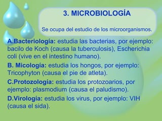 3. MICROBIOLOGÍA 
Se ocupa del estudio de los microorganismos. 
A.Bacteriología: estudia las bacterias, por ejemplo: 
bacilo de Koch (causa la tuberculosis), Escherichia 
coli (vive en el intestino humano). 
B. Micología: estudia los hongos, por ejemplo: 
Tricophyton (causa el pie de atleta). 
C.Protozología: estudia los protozoarios, por 
ejemplo: plasmodium (causa el paludismo). 
D.Virología: estudia los virus, por ejemplo: VIH 
(causa el sida). 
