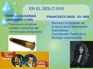 EN EL SIGLO XVII 
HANS y ZACHARIAS 
JANSSENS: (1590) 
Fabricaron el primer 
modelo comercial del 
microscopio compuesto. 
FRANCESCO REDI: En 1668 
Rechazo la hipótesis de 
la teoría de la Generación 
Espontánea . 
Considerado Padre de la 
Biología experimental. 
 