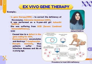 EX VIVO GENE THERAPY
Example:-
ADA (Adenosine deaminase) Deficiency
1st gene therapy(1990) – to correct the deficiency of
the enzyme, Adenosine deaminase (ADA).
It was performed on a 4-year-old girl Ashanthi
DeSilva.
She was suffering from SCID (Severe Combined
Immunodeficiency).
SCID Ashanti DeSilva
Caused due to a defect in the
gene coding for ADA.
Deoxyadenosine accumulates
and destroys T-lymphocytes.
Disrupts immunity,
suffer
thus
from
patients
infectious diseases and die at
a young age.
10
Procedure to treat ADA deficiency
 