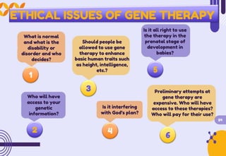 ETHICAL ISSUES OF GENE THERAPY
Is it all right to use
the therapy in the
prenatal stage of
development in
babies?
What is normal
and what is the
disability or
disorder and who
decides?
Should people be
allowed to use gene
therapy to enhance
basic human traits such
as height, intelligence,
etc.? 5
1
3 Preliminary attempts at
Who will have
access to your
genetic
gene therapy are
expensive. Who will have
access to these therapies?
Who will pay for their use?
Is it interfering
with God’s plan?
information?
24
2 4
6
 
