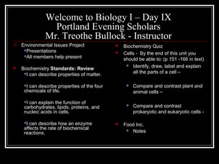 Welcome to Biology I – Day IX
Portland Evening Scholars
Mr. Treothe Bullock - Instructor
 Environmental Issues Project
Presentations
All members help present
 Biochemistry Standards: Review
I can describe properties of matter.
I can describe properties of the four
chemicals of life.
I can explain the function of
carbohydrates, lipids, proteins, and
nucleic acids in cells.
I can describe how an enzyme
affects the rate of biochemical
reactions.
 Biochemistry Quiz
 Cells - By the end of this unit you
should be able to: (p 151 -166 in text)
 Identify, draw, label and explain
all the parts of a cell –
 Compare and contrast plant and
animal cells –
 Compare and contrast
prokaryotic and eukaryotic cells -
 Food Inc.
 Notes
 