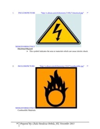 1.

INCLUDEPICTURE

"http://z.about.com/d/chemistry/1/0/K/7/electrical.jpg"

*

MERGEFORMATINET
Electrical Hazard
 This symbol indicates the area or materials which can cause electric shock.

2.

INCLUDEPICTURE

"http://z.about.com/d/chemistry/1/0/J/7/combustible.jpg"

MERGEFORMATINET
Combustible Materials

26

Prepared By: Chala Dandessa Debela, JTC November 2013

*

 