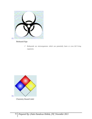 13.
Biohazard Sign
 Biohazards are microorganisms which can potentially harm or even kill living
organisms.

14.
Chemistry Hazard Label

35

Prepared By: Chala Dandessa Debela, JTC November 2013

 