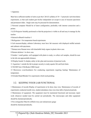 1 Apparatus
Must have sufficient number of units as per the C.B.S.E syllabus of 10 + 3 practicals /activities/demo
experiments, so that each student gets his/her independent set except in case of museum specimens
and permanent slides . Single units may be procured for demonstration.
2 Personal computer Should be of latest configuration, preferably with internet connection and a
printer.
3 LCD Projector Suitably positioned so that the projection is visible to all and easy to manage by the
teacher.
4 InteractiveBoard/visualiser 1
5 Refrigerator 1 for temperature based experiments
6 Lab museum/display cabinets Laboratory must have lab museum with displayed stuffed animals
and cabinets with specimens.
7 Human torso Human torso with detachable body organs in plastic show case.
8 Human skeleton 1 in show case.
9 Garden 1 small garden, well equipped with plants to study, to collect soil samples, should be near
to the lab orat approachable distance.
10 Display boards To display safety in lab, plan and execution of practical work,
11 Aquarium 1 outside the lab in proper security to study aquatic life and food chain.
12 NCERT kits/ CDs/Books CBSE based
13 Microwave oven/Incubators For conducting experiments requiring heating/ Maintenance of
temperature.
14 Grinder/Hand Blender For experiments which need grinding.

3.2. KEEPING YOUR LAB FUNCTIONAL
1 Maintenance of records Display of experiments to be done class wise. Maintenance of records of
experiments conducted month wise, student attendance class wise time table of practical periods.
2 Maintenance of equipment. The equipment must be maintained functional and necessary repair
work whenever needed must be carried out periodically. The microscopes and other equipment
should be checked periodically.
3 Fire extinguisher Must be refilled every year and pressure gauge
should be checked periodically.

6

Prepared By: Chala Dandessa Debela, JTC November 2013

 