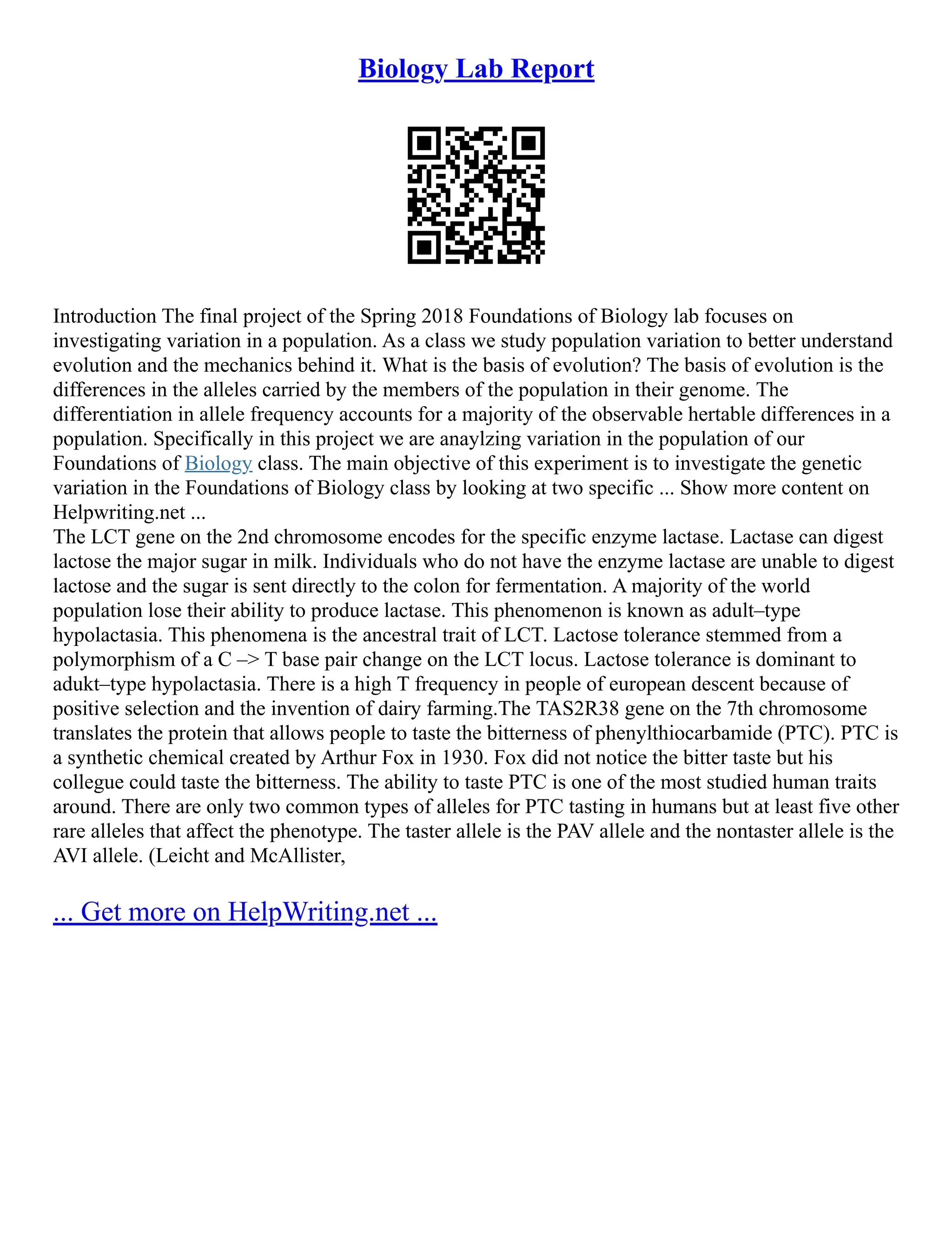 Biology Lab Report | PDF