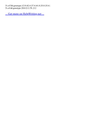 |% of Dd genotype |12.0 |42.4 |37.4 |41.8 |35.0 |35.4 |
|% of dd genotype |20.0 |5.2 |70. |5.2
... Get more on HelpWriting.net ...
 